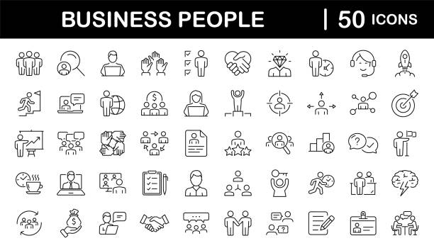 illustrazioni stock, clip art, cartoni animati e icone di tendenza di business people set di icone web in stile linea. lavoro di squadra nelle icone di gestione aziendale per app web e mobile. riunione di lavoro, stretta di mano, accordo, risorse umane, gestione dell'ufficio, team sul posto di lavoro - musical staff illustrations