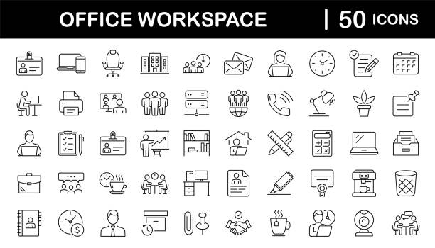 illustrations, cliparts, dessins animés et icônes de ensemble d’icônes web de l’espace de travail office en style ligne. icônes de bureau et de coworking pour applications web et mobiles. bureau, travail à distance, réunion, collègue, espace de travail, bureau, ordinateur, icônes professionnelles e - bureau