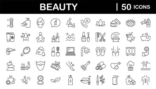 Vector illustration of Beauty and Spa set of web icons in line style. Cosmetics services & Spa icons for web and mobile app. Spa treatments, skin care, massage, hyaluronic acid, serum, anti ageing, pore tighten, cosmetology