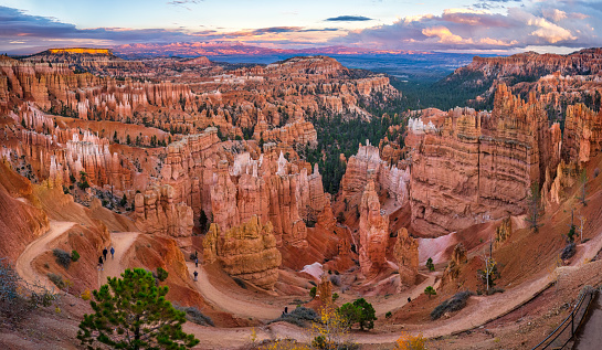 Aerial view of the Navajo Loop Trail at sunset. Bryce Canyon, Utah, USA