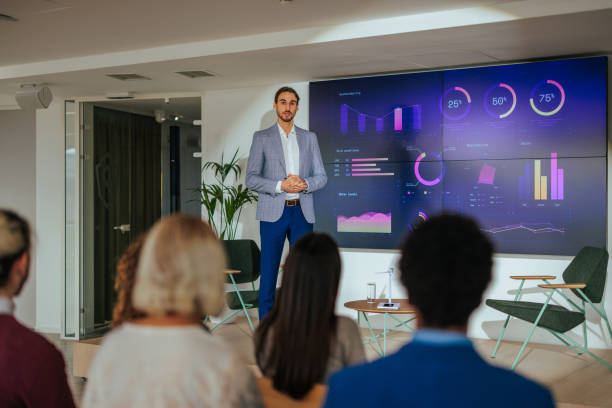 istock Professional lecturer presenting renewable energy strategy in convention. 1478372882