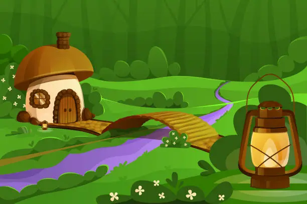 Vector illustration of Mushroom house in enchanted garden