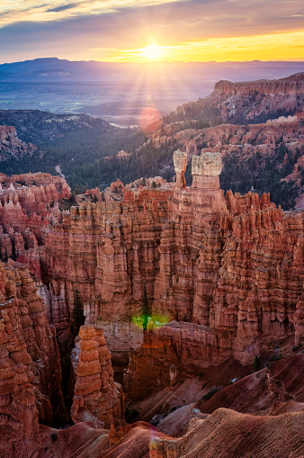 The sun rising above Thor's Hammer at Bryce Canyon National Park, Utah. United States of America.