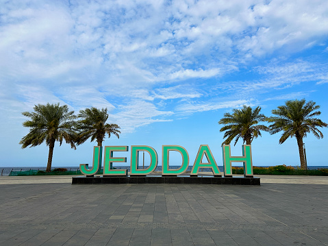 Jeddah, Saudi Arabia - Jan 18, 2023: Jeddah sign at new beech, Waterfront