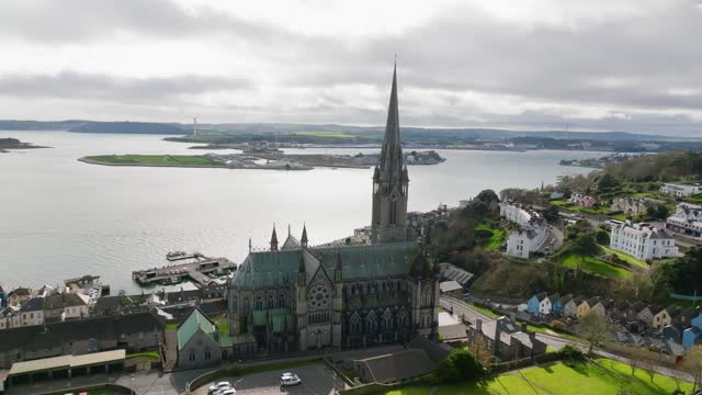 Aerial view of the Cathedral and colored houses in Cobh, Ireland ,colorful houses and St Colman's Cathedral in Cobh, Houses and catherdral in Cobh, colorful town