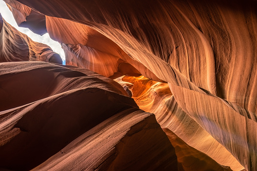 Beautiful wide angle view of amazing sandstone formations in famous Lower Antelope Canyon near the historic town of Page at Lake Powell, American Southwest, Arizona, USA