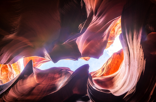 low angle view of amazing sandstone formations in famous Upper Antelope slot Canyon near the historic town of Page at Lake Powell, American Southwest, Arizona, USA