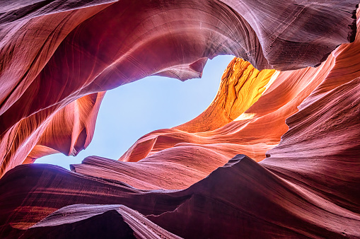 Low angle view from inside the Lower Antelope Slot Canyon in Page with a blue sky, Arizona. USA