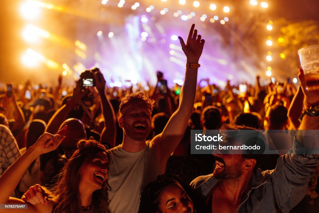 Friends dancing at the festival Group of young friends partying and celebrating at summer music festival. They are dancing in front of stage. Wearing casual clothing Music Festival Stock Photo