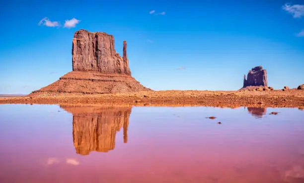 Photo of West and East Mitten Butte reflection at Monument Valley