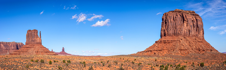 panoramic view of The Mittens and Merrick Butte in Monument Valley tribal navajo park, Arizona, USA