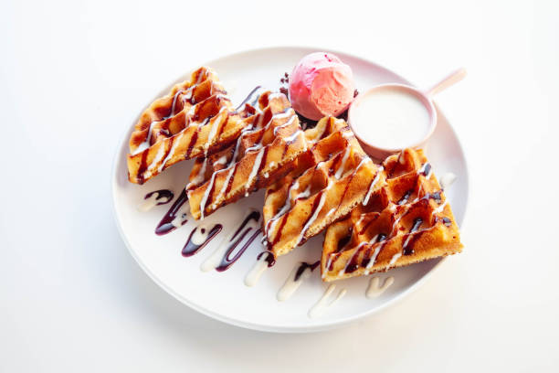 Waffle Belgian chocolate and vanilla flavour with strawberry ice cream.