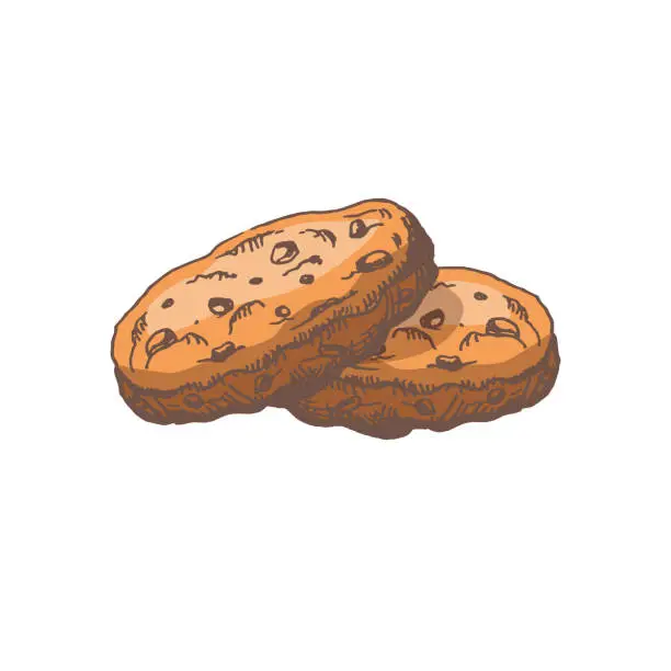 Vector illustration of A hand-drawn colored  sketch of homemade cookies with chocolate chips. Vintage illustration, doodle. Element for the design of labels, packaging and postcards.