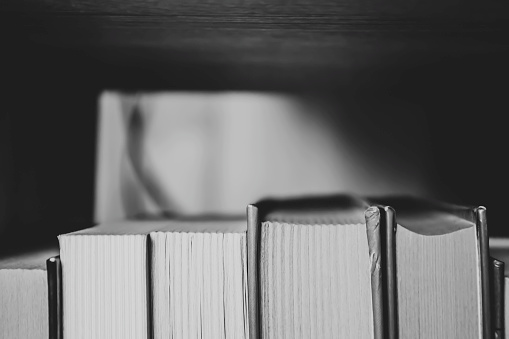 Books are in a row on a shelf. Hardcover books. artistic photos of books in black and white. Books of different sizes on the shelf.