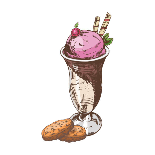 bildbanksillustrationer, clip art samt tecknat material och ikoner med a hand-drawn colored sketch of  ice cream balls in a cup, pieces of chocolate, strawberry, cookies. vintage illustration. element for the design of labels, packaging and postcards. - yoghurt chocolate bowl