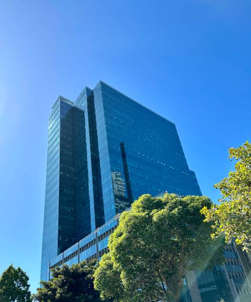 istock Modern glass skyscraper in city with trees and greenery below 1478385355