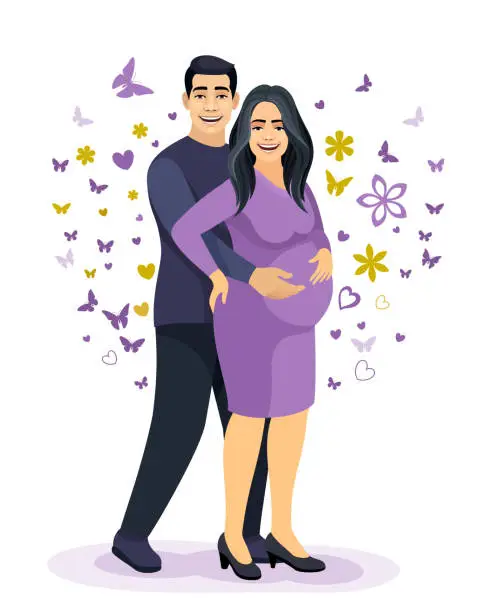 Vector illustration of Happy expecting couple. Woman holding her belly. A pregnant woman with her husband.