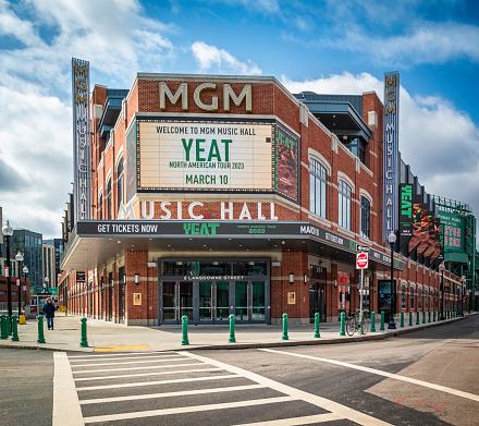 Boston, MA, USA - March 10, 2023: the facade of the brand-new Fenway Park Stadium MGM Music Hall at Ipswitch street in Boston, Massachusetts, USA on a sunny winter day.