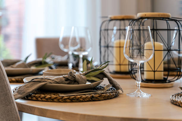 istock Glasses, flower fork, knife served for dinner in a restaurant 1478390472