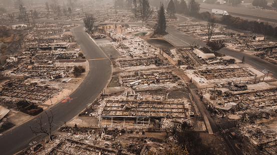 Aftermath of wildfire Aerial View of the Almeda Wildfire in Southern Oregon Talent Phoenix Northern California. Fire Destroys many people's livelihood