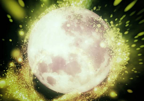 3d illustration of an abstract planet glowing in yellow 3d illustration of abstract planet glowing yellow in science concept red full moon stock pictures, royalty-free photos & images