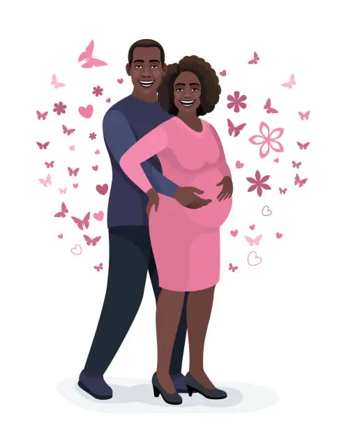 Vector illustration of Happy African American expecting couple. Woman holding her belly.