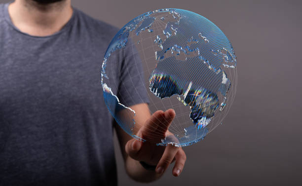 istock Person presenting the virtual projection of the world map with satellite data connections 1478399199