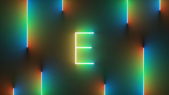 A digital illustration of neon colorful lines around an illuminated letter E symbol