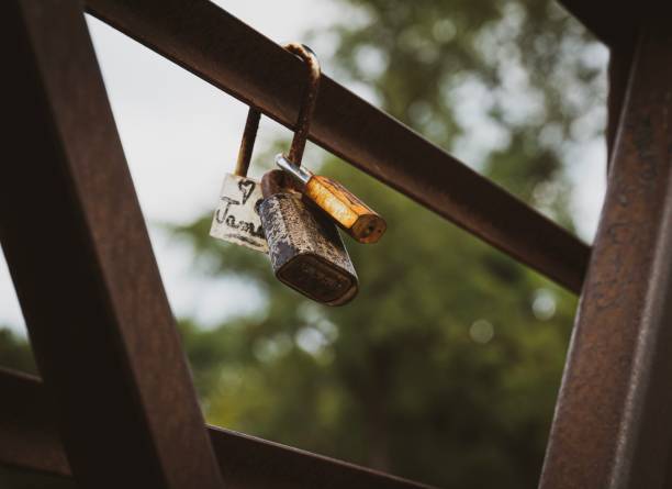 istock Closeup shot of rusty hanging love locks 1478399805