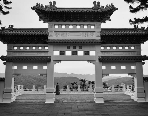 Xuanzang Temple Gate Sun Moon Lake Sun Moon Lake, Taiwan – December 05, 2019: The Gate to Xuanzang Temple at Sun Moon Lake, Taiwan black and white travel travel destinations monk stock pictures, royalty-free photos & images