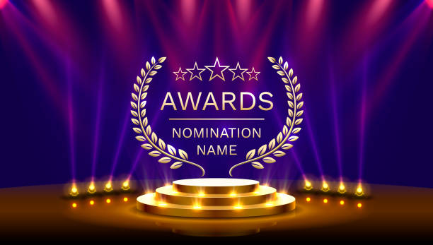Awards nomination name podium, golden prize event, scene star ceremony. Vector illustration
