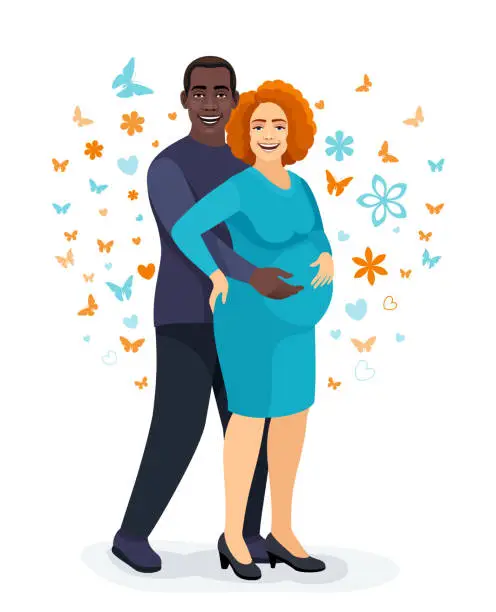 Vector illustration of Happy African American expecting couple. Redhead Woman holding her belly.