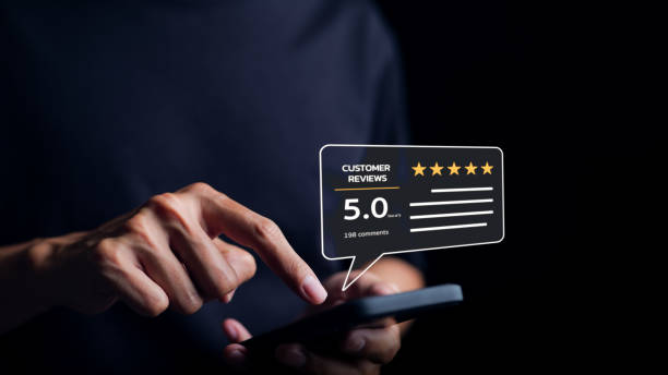Man or User give rating to service excellent experience on a phone application. Client evaluate quality of service reputation ranking of business. Customer review satisfaction feedback survey concept.