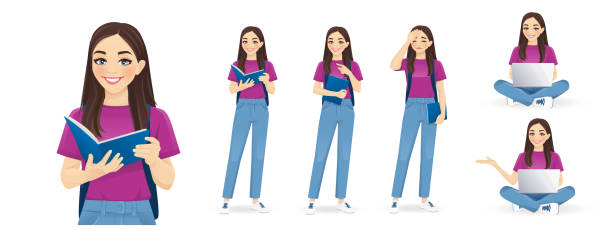 Conjunto de estudiantes femeninas - ilustración de arte vectorial