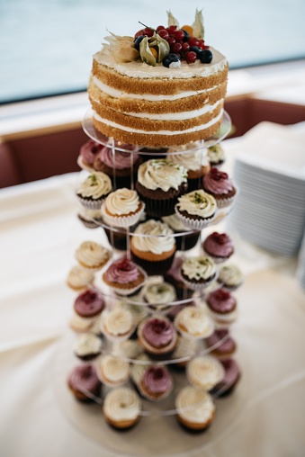 A professional-looking wedding cake with a white frosting and ornate decorations, accompanied by a selection of cupcakes with various colorful frost