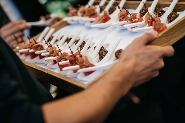 camarero sirviendo deliciosas comidas en una recepción de boda - appetizer salmon smoked salmon cracker fotografías e imágenes de stock