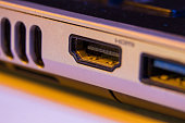 Closeup of HDMI cable port of a laptop