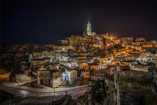 Beautiful night cityscape of Matera with the cathedral in the highest point of the city, Basilicata, Italy