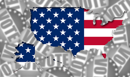 The USA map and flag on a grayscale background - the concept of elections