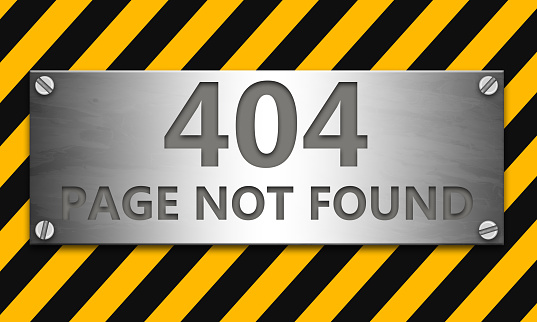 A text '404 page not found' banner with yellow caution strip in the background