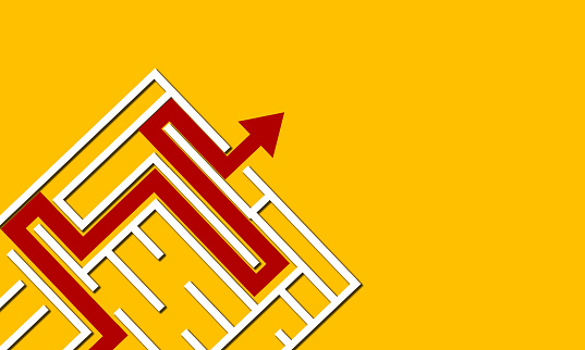 A red arrow going out of the maze on a yellow background - success concept