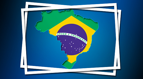 The map of Brazil land border with the flag in white frames. 3d rendering