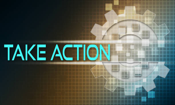 istock Text 'take action' on a background with a gear mechanism and pixels 1478414365