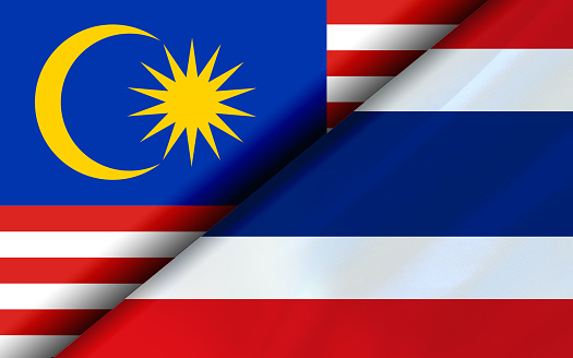 A 3D rendering of flags of Malaysia and Thailand divided diagonally