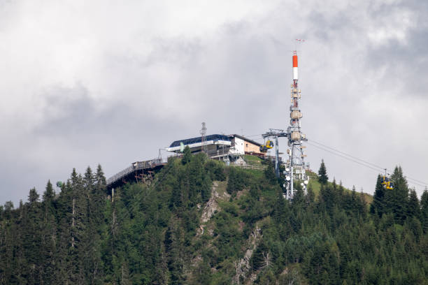 corvara - august : dolomites mountain's landscape with cable car - overhead cable car dolomites italy snow imagens e fotografias de stock