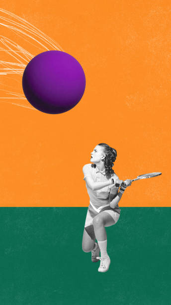 young pretty girl in uniform playing tennis against orange green background. summertime activity. contemporary art collage. bright colorful design. - women cheerful vertical 20s imagens e fotografias de stock