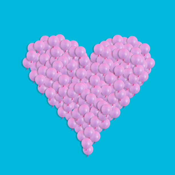 Blank silver heart balloon single and bouquet mockup, front view, 3d rendering. Empty hearts pillar composition for wedding mock up, isolated. Clear metallic helium ballon decoration template.