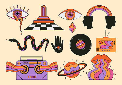 Set of abstract geomeric and psychedelic illustrations in 70s and 80s style. Eye, chess, rainbow, snake, lips, tv and radio stickers. Hypnosis concept, trippy art. Groovy vector graphic.