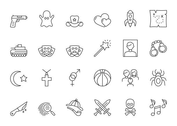 Movie Genre Line Icons Movie Genre Editable Stroke Line Icons thriller film genre stock illustrations