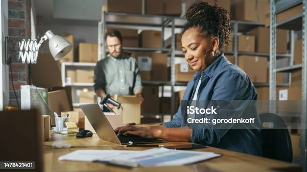 Diverse Male And Female Warehouse Inventory Managers Talking Using Laptop Computer And Checking Retail Stock Rows Of Shelves Full Of Cardboard Box Packages In The Background Stock Photo - Download Image Now